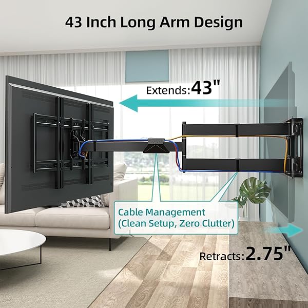 HCMOUNTING LONG ARM TV WALL MOUNT FOR 42-80 INCH TVS, FULL MOTION WITH 43 INCH EXTENSION ARTICULATING ARMS, SWIVEL AND TILT TV BRACKET, HOLDS UP TO 110 LBS, MAX VESA 600X400MM