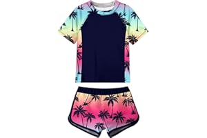 Idgreatim Girls Rashguard Swimsuit 2 Piece Short Sleeve Bathing Suit UPF 50+ Sun Proction Swimwear Size 8-16T