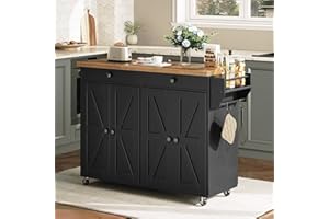 HOOBRO 110 cm Kitchen Island with Storage, Rolling Kitchen Island with Charging Station, Kitchen Islands Cart with Spice Rack