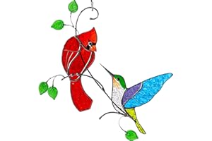 GLASS ART STORIES Hummingbird Cardinal Birds Stained Glass Suncatcher Genuine Stained Glass Window Hangings Unique Indoor Ornament & Outdoor Decor (Cardinal and Hummingbird)