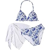BEAUDRM Girl's 3 Piece Floral Print Halter Triangle Bikini Set Cute Swimsuits with Cover Up Beach Skirt