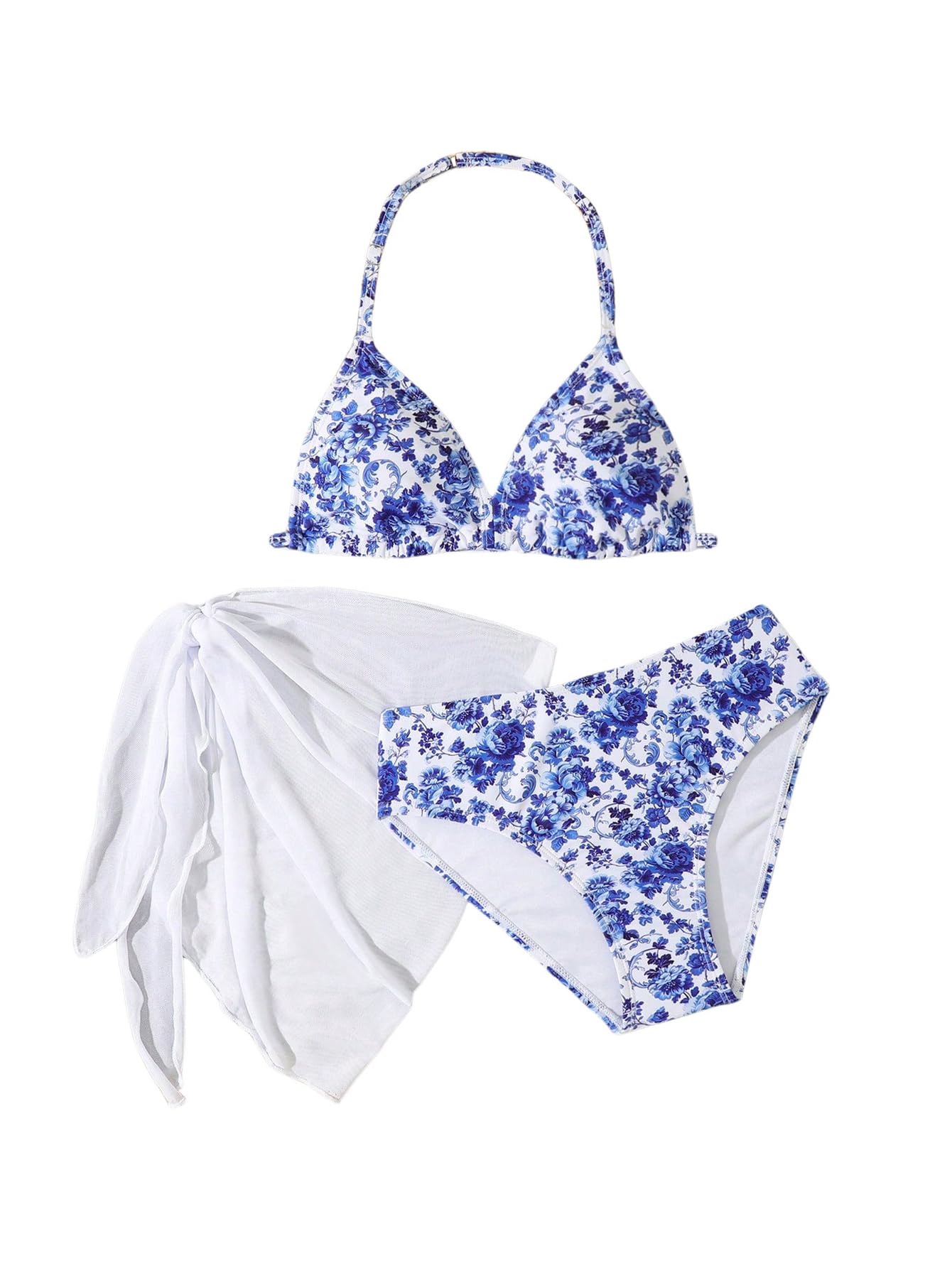 Photo 1 of BEAUDRM Girl's 3 Piece Floral Print Halter Triangle Bikini Set Cute Swimsuits with Cover Up Beach Skirt Multicolor 13 Years
