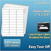 1" X 2-5/8" Address Labels 30 Per Sheet Sticker Paper for Laser and Inkjet Printers, 8.5"×11" White- 3000 Labels