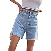 GOLDPKF Womens Jean Shorts for Denim Casual Summer Mid Waist Frayed Stretchy Ripped