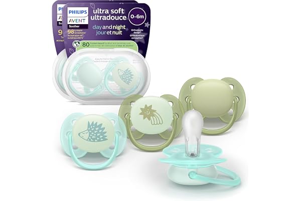 Philips Avent Ultra Soft Day & Night Pacifiers - Orthodontic Design, for Babies 0-6 Months, Glow in the Dark, Symmetrical Sil