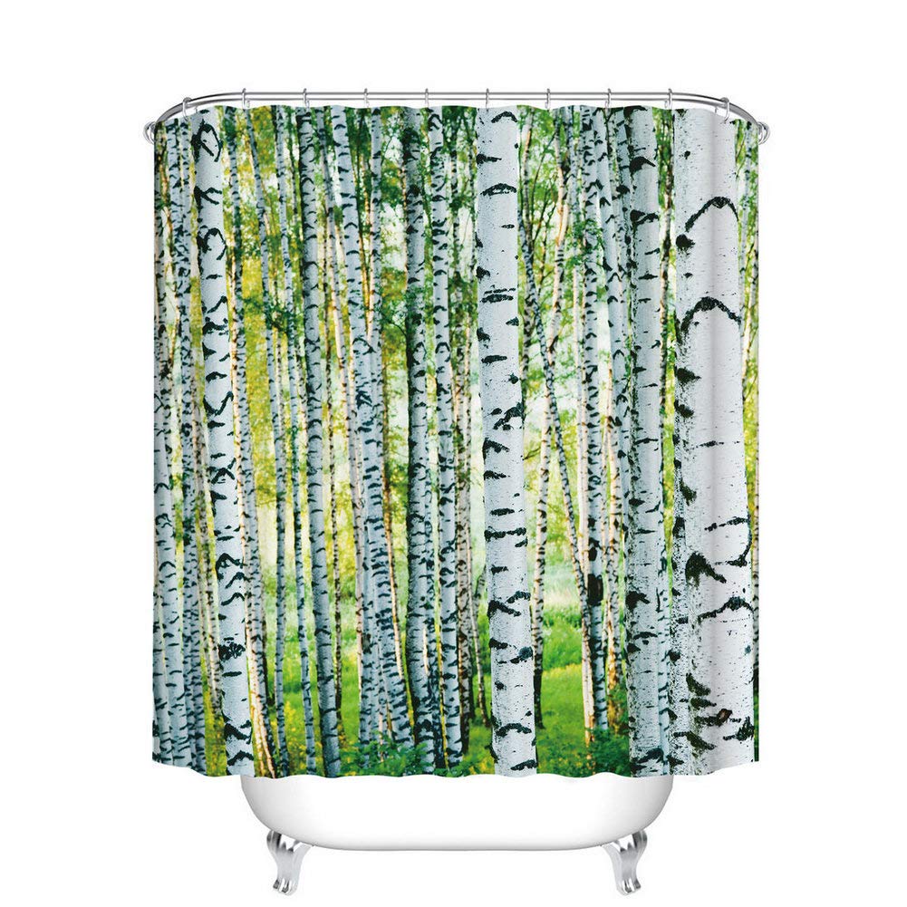 Fangkun Woodland Decor Shower Curtain - Birch Trees Nature Themed Decorating Picture - Polyester Fabric Bath Curtains - 12pcs Shower Hooks - White Green - 72 x 72 inches
