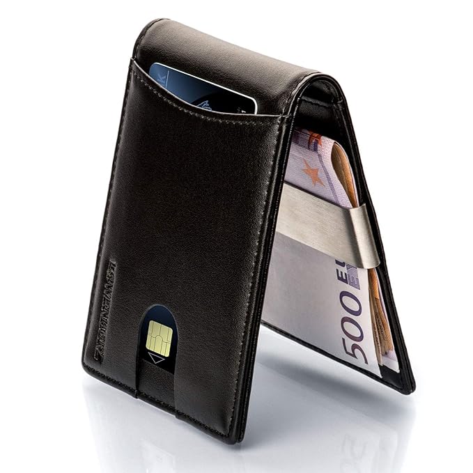 LØWENHERZ Kreditkartenetui Herren - Khan mit RFID Schutz und Geldklammer - Langlebiges Mini Wallet aus Premium Echtleder - 10 Kartenplätze inkl. Easy Access Fach in Schwarz