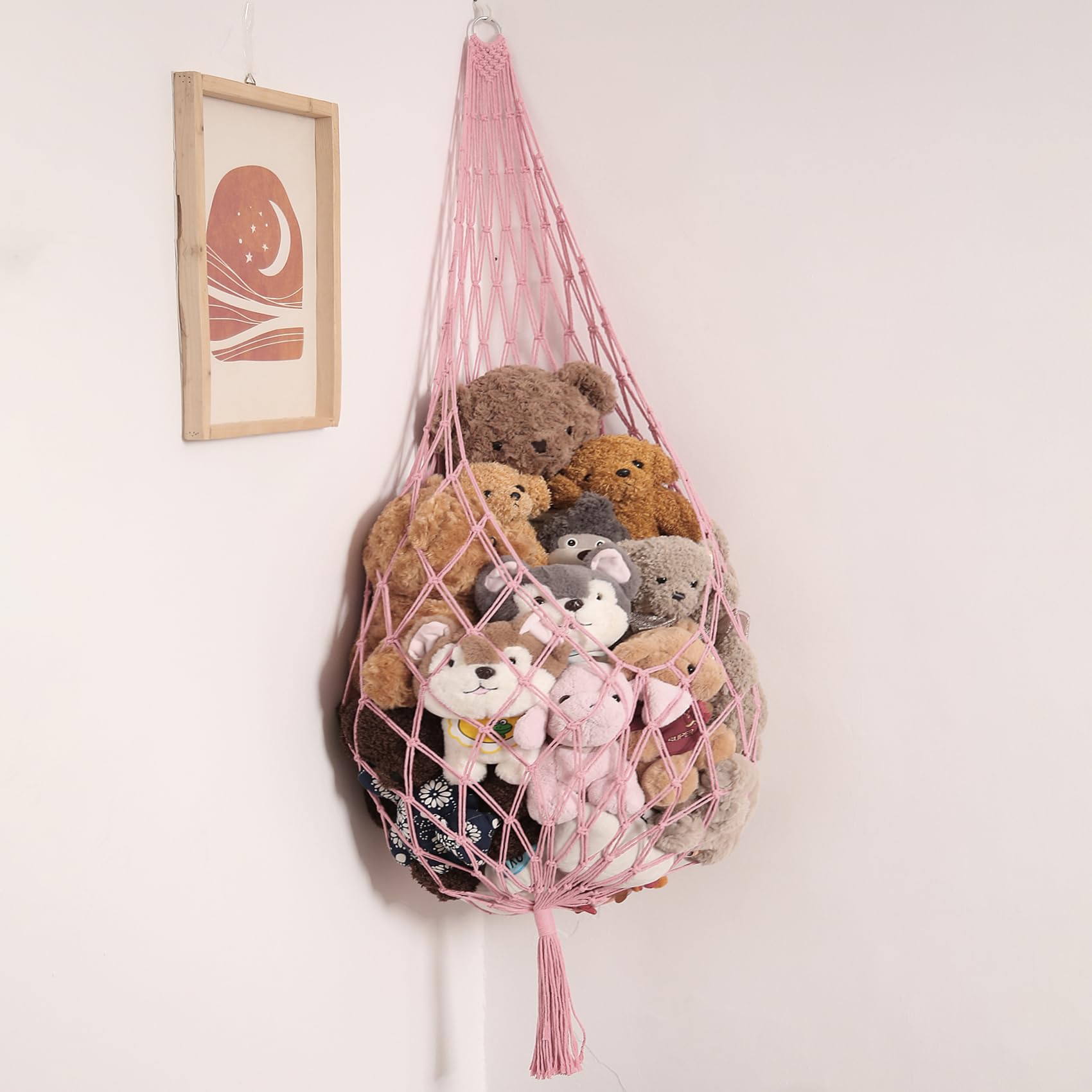 Photo 1 of Amdermi Stuffed Animal Hammock Corner Hanging Net for Stuff Animal Storage Macrame Plush Toy Holder-Perfect for Tiny Space Walls-Kid Bedroom Decor Nursery Playroom Organizer (Light Pink XL)