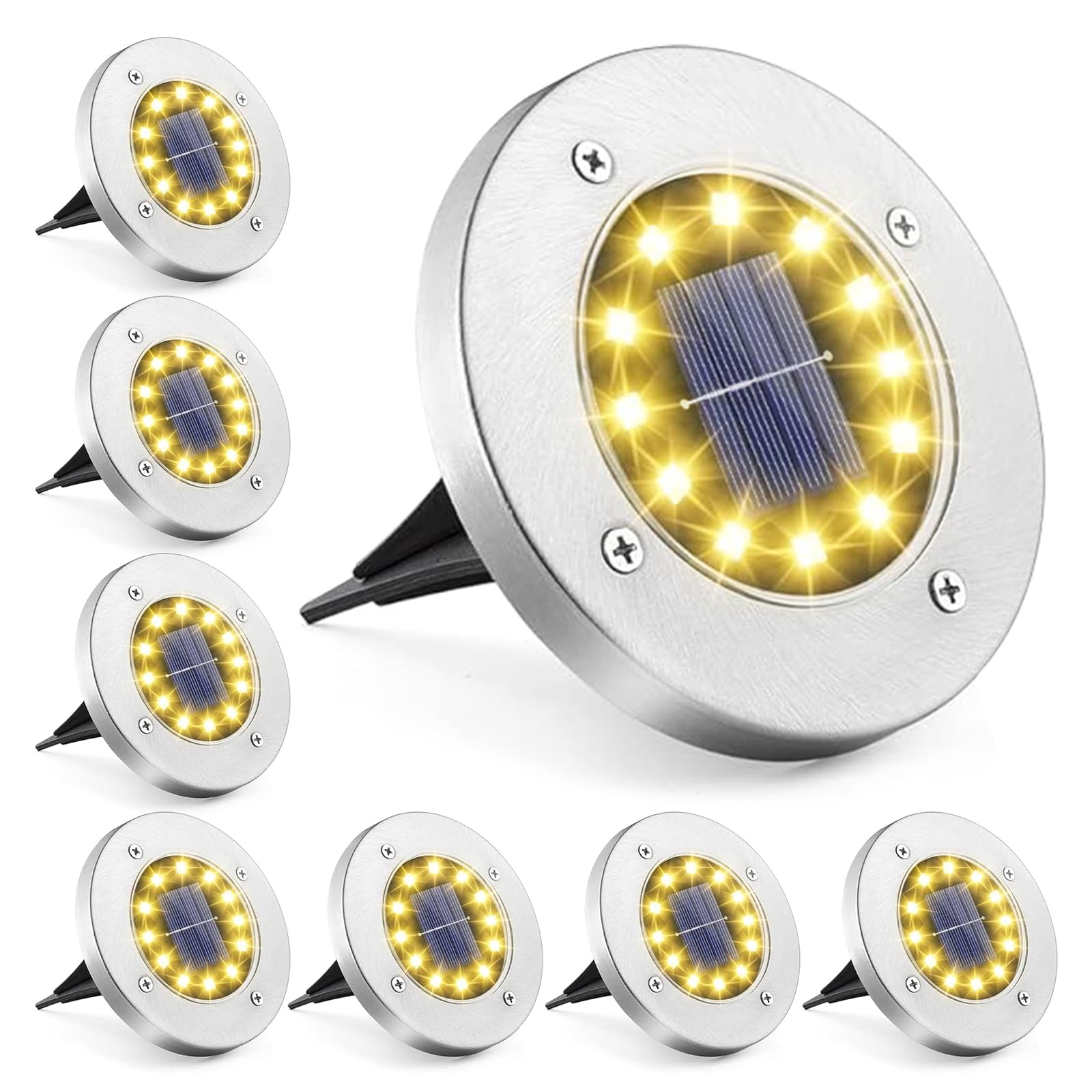 JIMACRO Solar Ground Lights for Outdoor, 12 LEDs 8 Pack Disk Garden Lights, Waterproof LED Pathway Landscape Lighting for Garden Yard Walkway Patio Lawn Decoration