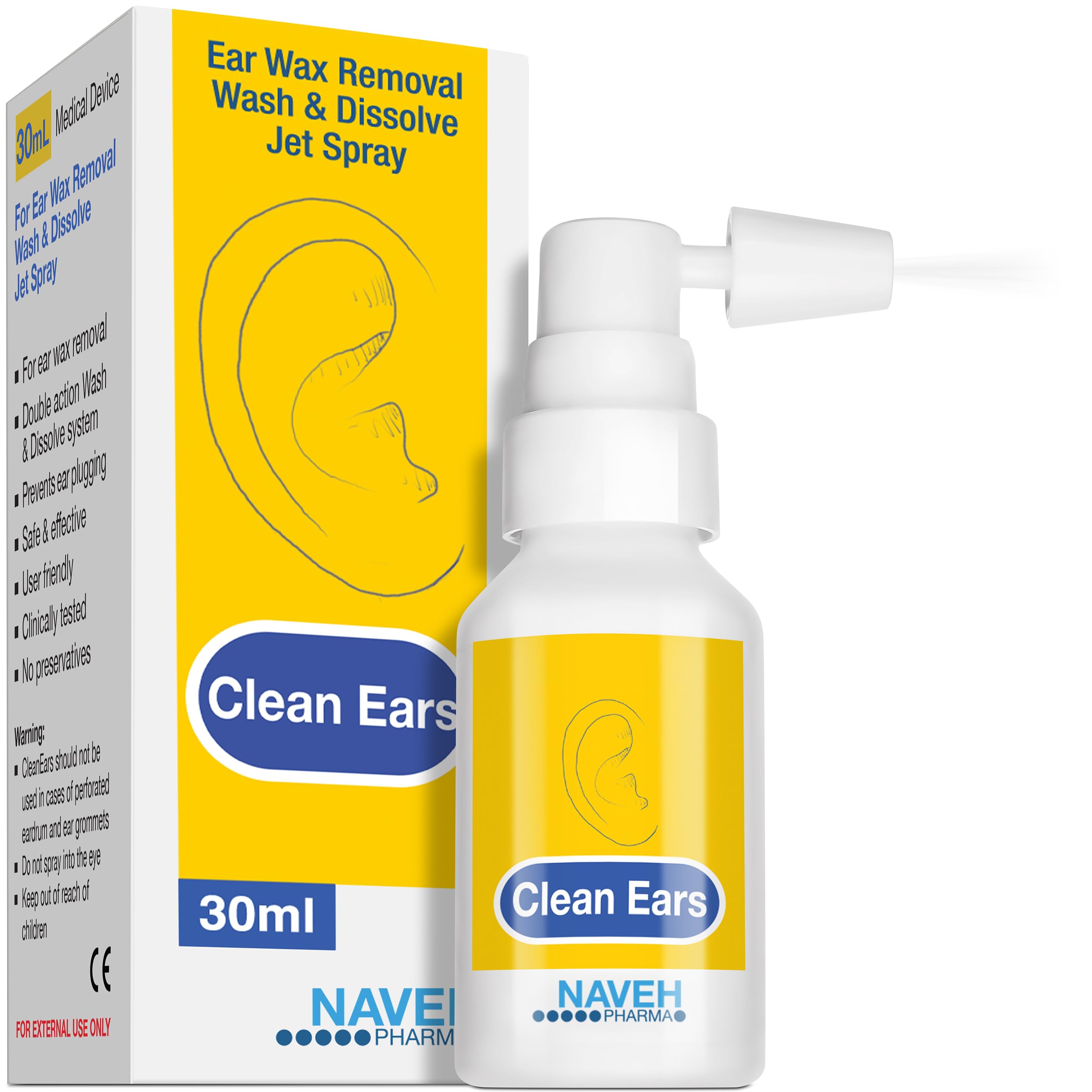 NAVEH PHARMA CleanEars | Fast-Acting Ear Wax Removal Spary | Breaks Down & Dissolves Earwax in Just 1 Treatment | Clinically Proven to Be 300% More Effective W/Mineral Oil | Gentle & Safe | 30ML