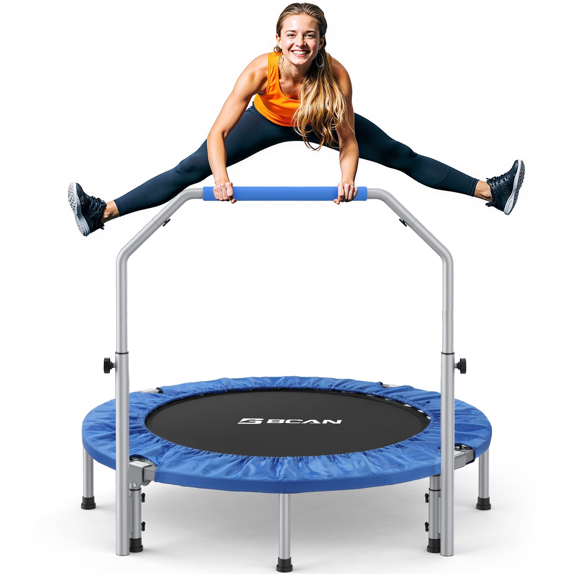 Photo 1 of **SOLD FOR PARTS**BCAN 40/48" Foldable Mini Trampoline Max Load 330lbs/440lbs, Fitness Rebounder with Adjustable Foam Handle, Exercise Trampoline for Adults Indoor/Garden Workout, Blue