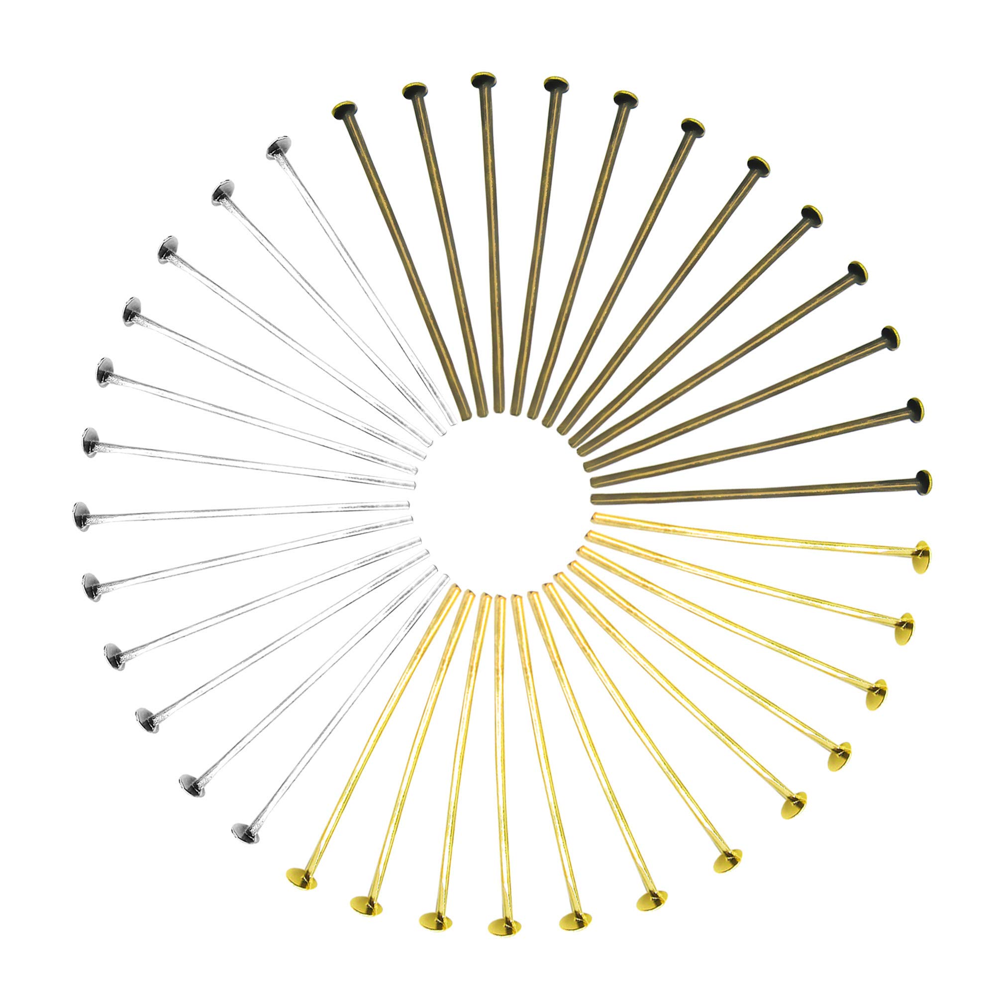 TOAOB 600pcs 26mm Flat Head Pins for Jewelry Making Bronze Gold Silver Headpins for Jewelry Making Beading Earring Pendant Bracelet Jewelry DIY Craft Bead Earring Necklace