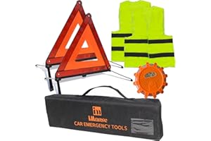 iMonse Warning Safety Triangle Kit, Emergency Roadside Warning Reflective Triangle 2 Packs with 1 LED Road Flare Light, Foldable with Storage Case for Roadside Breakdowns Emergencies