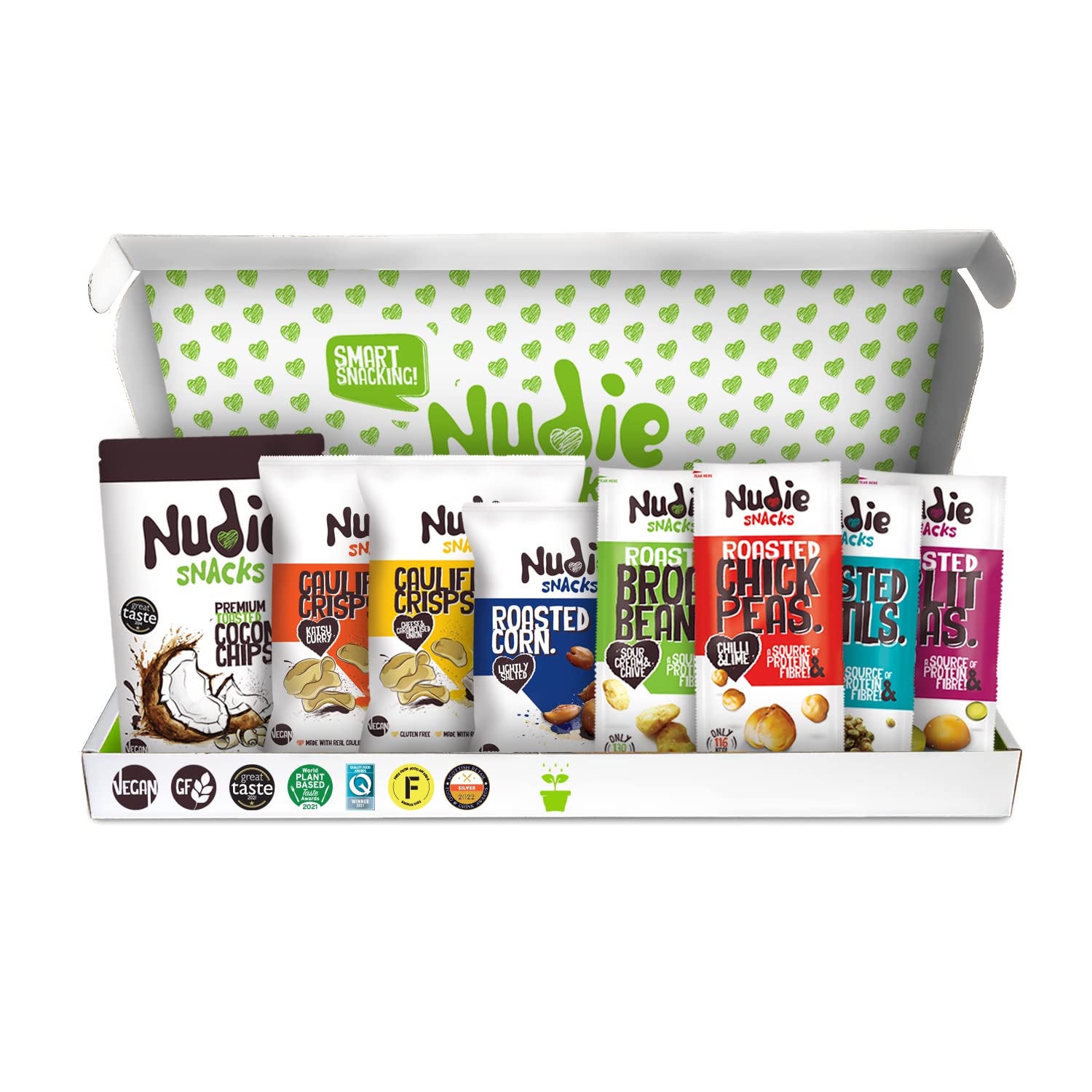 Nudie Vegan Hamper Snack Box - Healthy Snacks for Adults and Kids | Vegan Protein Snacks, Gluten Free, High Fibre Snacks | Low Calorie, 100% Natural | Variety Vegan Snack Box, 8 Flavours