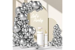 FOTIOMRG 110pcs Metallic Silver Balloon Garland Arch Kit, 18 12 10 5 inch Chrome Silver Latex Balloons Different Sizes Pack for Birthday Graduation Baby Shower Disco Wedding Party Decorations
