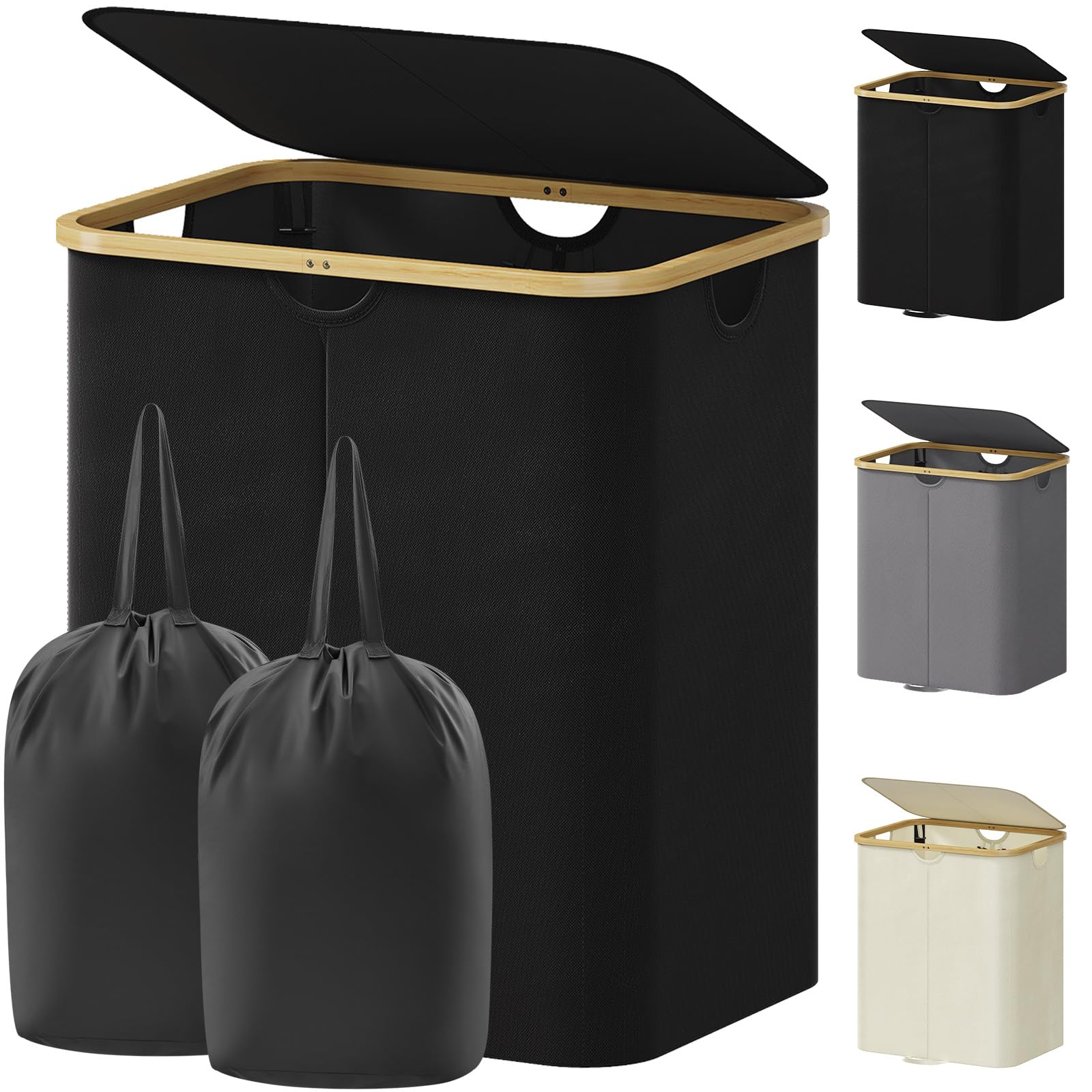 Lifewit 125L Laundry Basket with Lid, Double Dirty Clothes Bin with Bamboo Handles and 2 Removable Bags, Large Foldable Washing Basket for Bedroom, Bathroom, Dorm, Laundry Room, Black