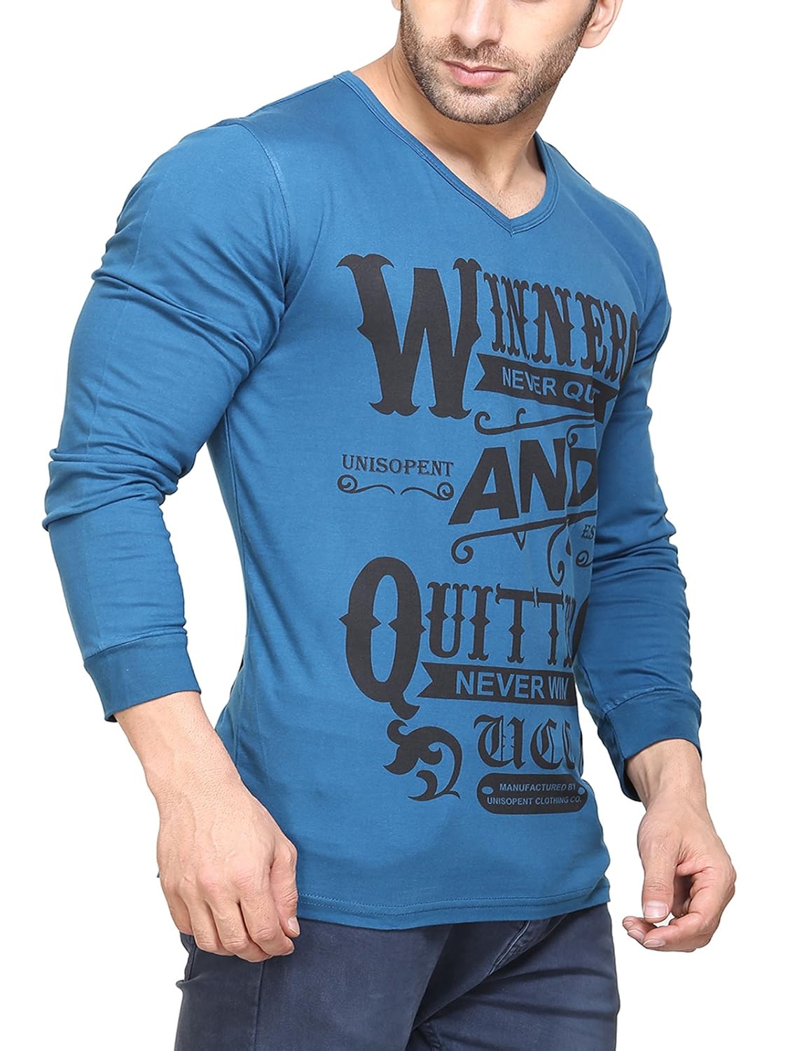 unisopent mens vneck full sleeves printed t-shirt(peacockblue)