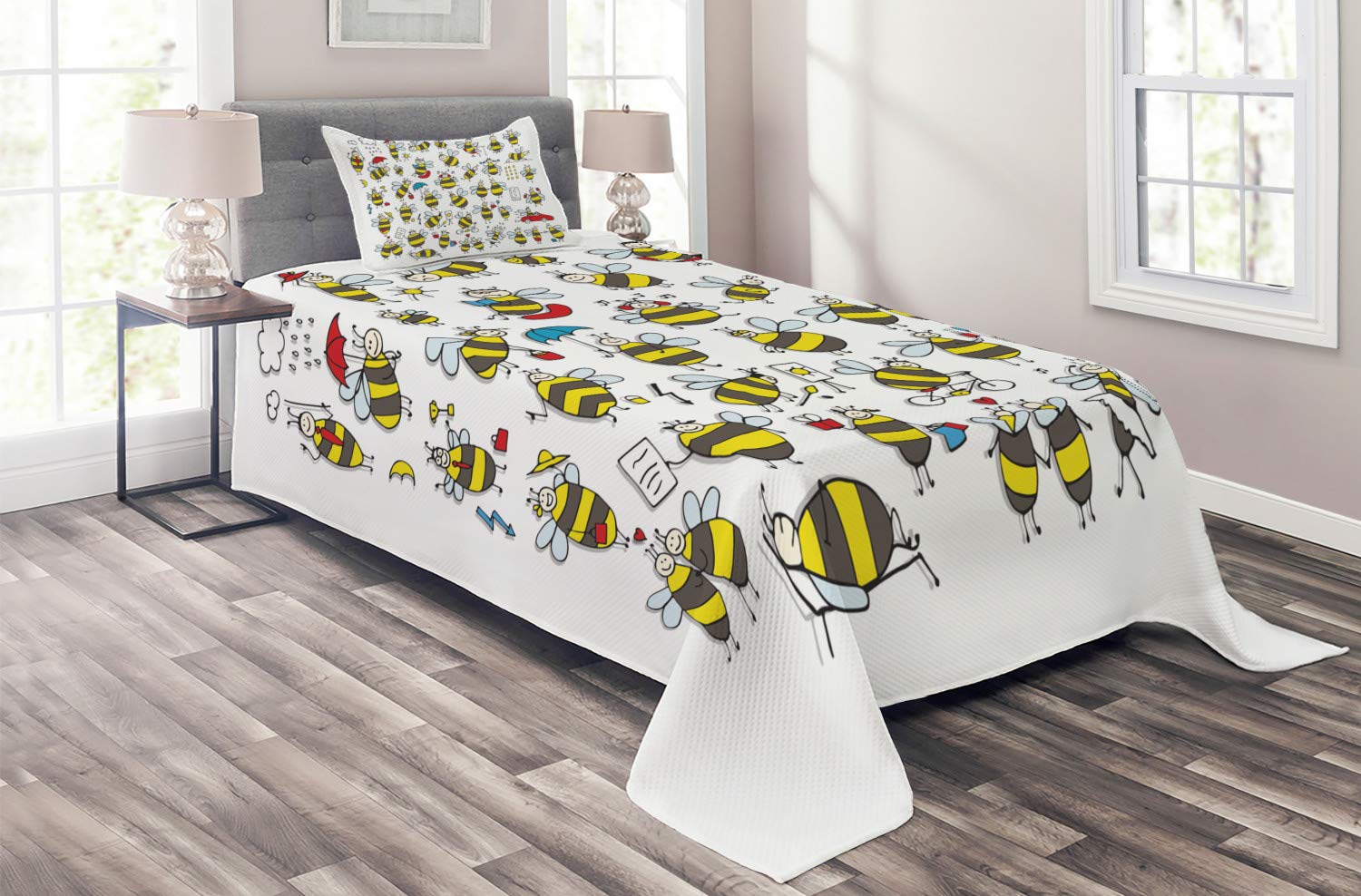 Lunarable Yellow Striped Coverlet, Numerous Cartoon Busy Bee Bug Insect Characters Childish Style Ar