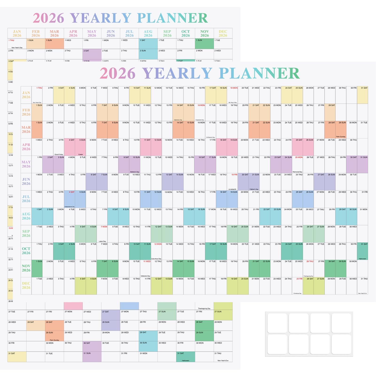 View 1 of 24" x 36" Exellewis 2026 Wall Calendar, Folded Large Paper Yearly Planner 12 Months, January to December 2026, 2-Sided Reversible Horizontal/Vertical School Office Business Year Calendar