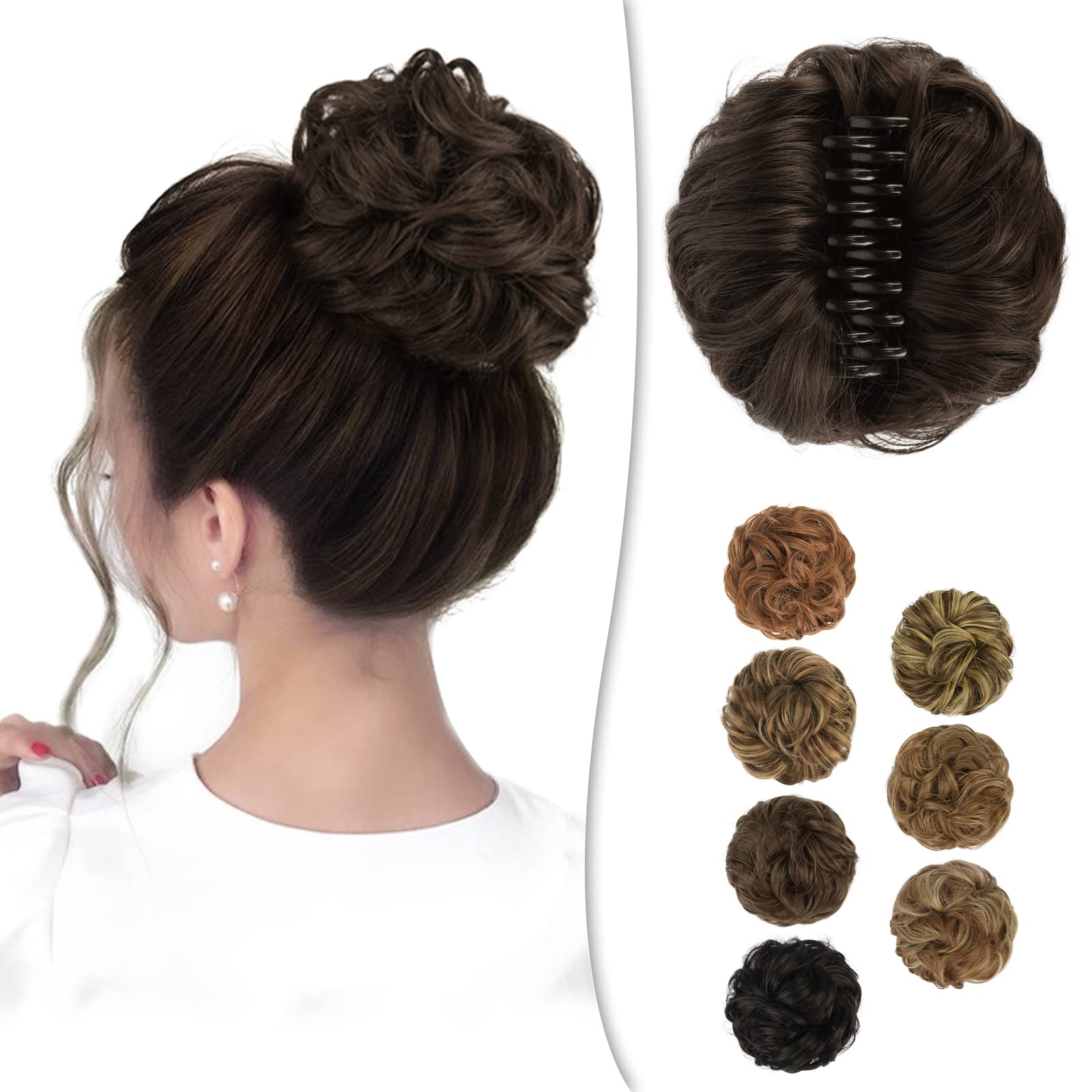 BARSDAR Claw Clip Messy Bun Hairpiece, Clip in Hair Scrunchies Curly Synthetic Hair Bun Extensions for Women Ponytail Updo Hair Donut Chignon, 6# Chestnut Brown