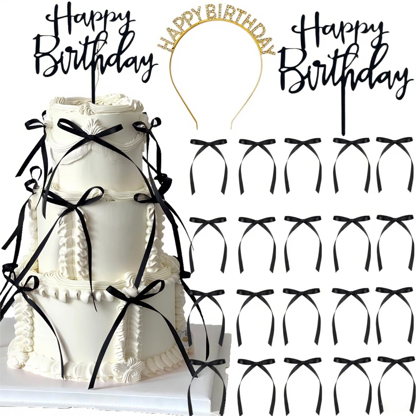 Photo 1 of Tyotrbs Bow Cake Topper, Black Bows For Cake with Gold Happy Birthday Headband for Vintage, Ribbon, Coquette Themed Party (Deep Black)