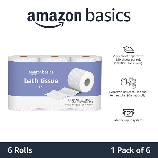 AMAZON BASICS 2-PLY TOILET PAPER, UNSCENTED, 350 SHEETS PER ROLL, 6 COUNT