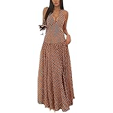 Lingt Chic Women's Polka Dot Maxi Dress Halter Neck Sleeveless Drop Waist Flowy Summer Wedding Beach Sundress