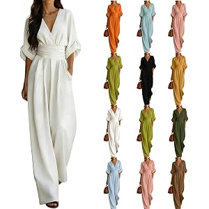 LVOFTJU Linen Jumpsuits For Women Dressy Casual Wide Leg Long Sleeve V Neck High Waist One Piece Flowy Elegant Wrap Rompers