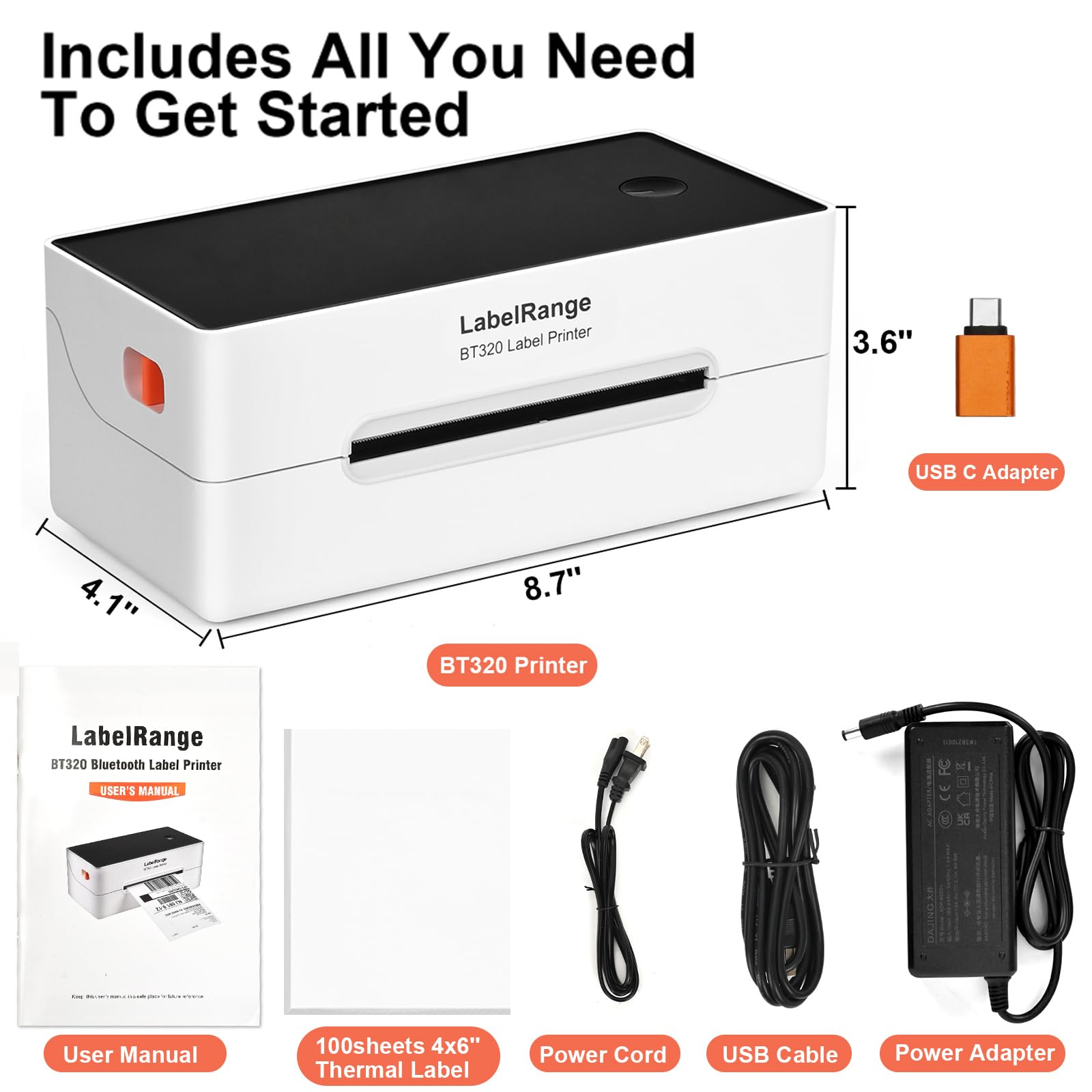 LabelRange Ecommerce Label Printer 4x6, Thermal Shipping Label Printer, Support Amazon, Ebay, USPS, Pirate Ship, Bluetooth and USB Connection