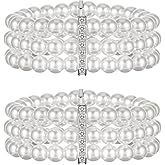 Pearl Cuff Bracelet 2pcs 1920s Imitation Pearl Bracelet Multi-Layered Elastic Bangle 3 Rows Faux Pearls Accent White Stretch Wrist Vintage Bracelets For Women Bridal Wedding Jewelry