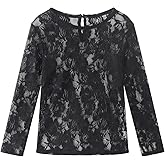 Noomelfish Girls Lace Long Sleeve Layering Tops Sheer Mesh Tee Shirts Blouse (5-12 Years)