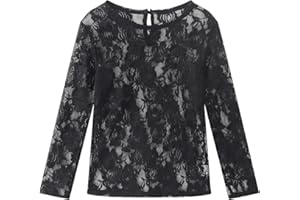 Noomelfish Girls Lace Long Sleeve Layering Tops Sheer Mesh Tee Shirts Blouse (5-12 Years)