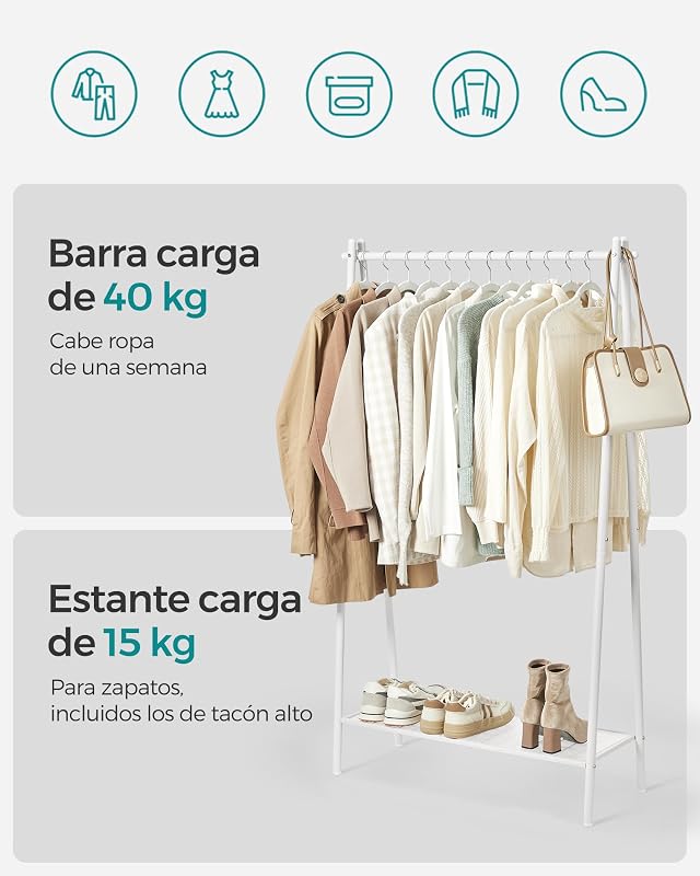 Burro, cabide de roupa, estrutura em aço, com barra e prateleira, 33,5 x 92,5 x 153 cm, para quarto, roupeiro, lavandaria, HSR023W01 branca