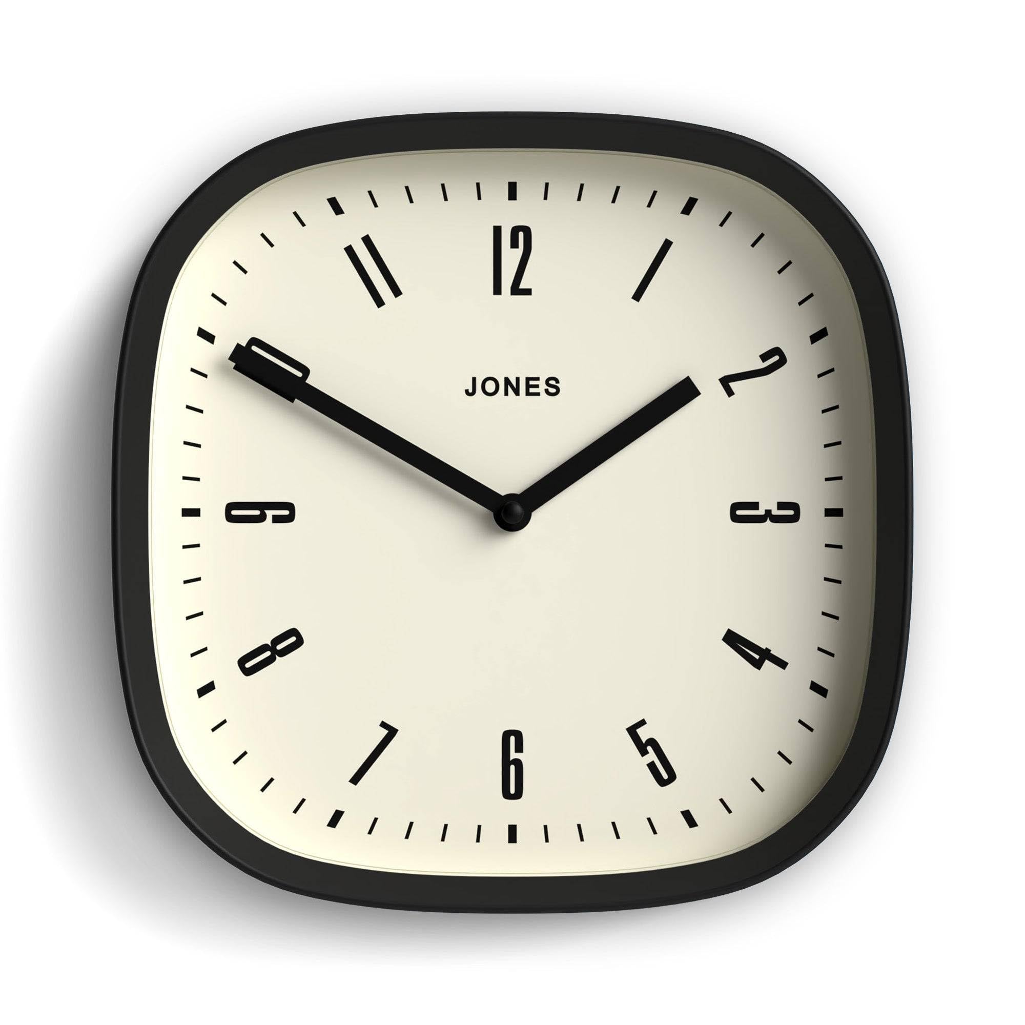 Jones Clocks® Marvel wall clock | Retro rounded square clock | 25cm | Black | Cool designer look for kitchen, living room or office