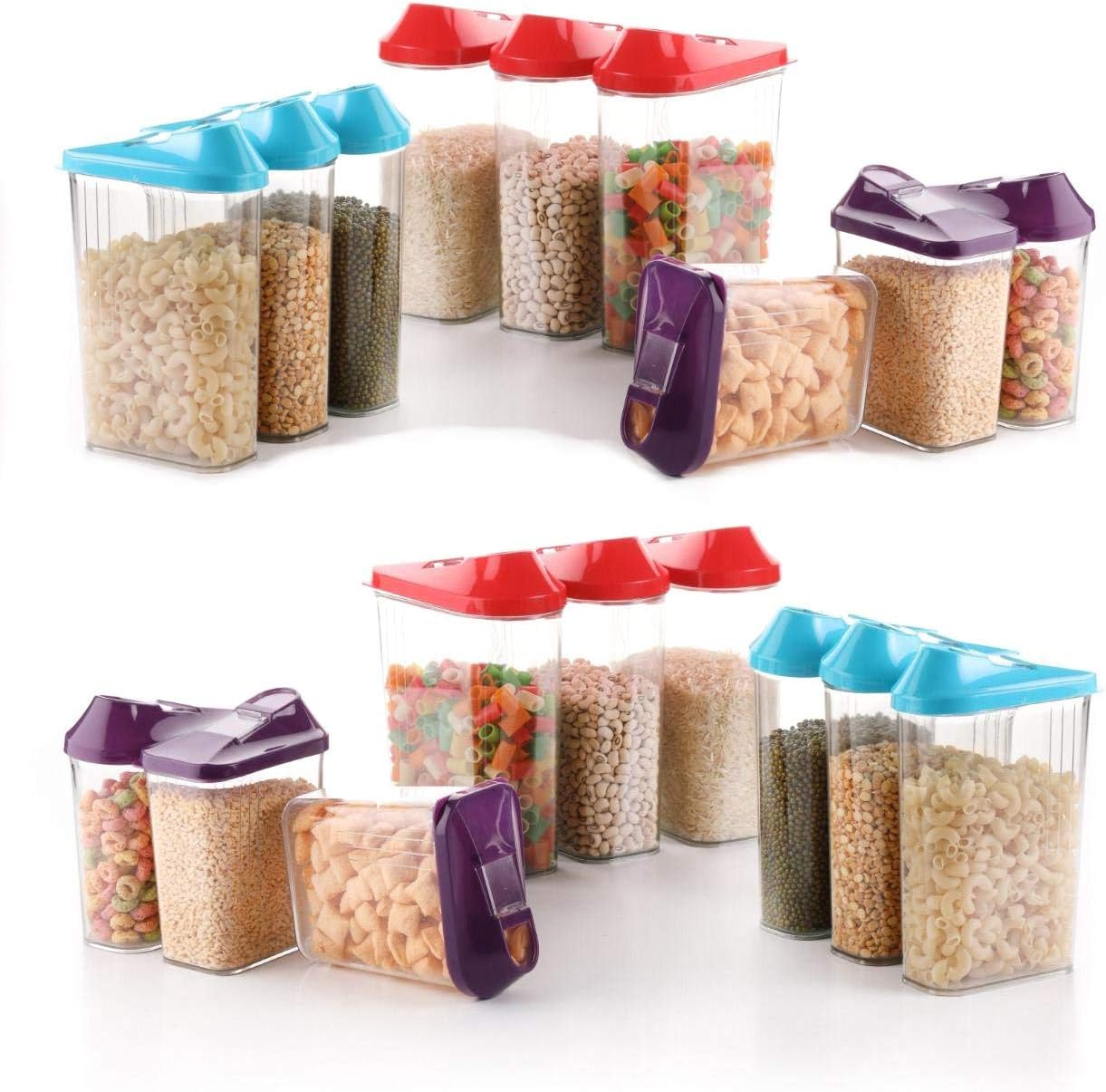 Slings 18 Pcs Easy Flow Kitchen Plastic Container Set (750 ml x 6),(1100 ml x 6),(1500 ml x 6) Multicolour