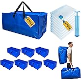 16 Pack Heavy Duty Extra Large Moving Bags with Backpack Straps & Large Vacuum Storage Bags Moving Supply Combo, Moving Totes with Handles & Zippers for Space Saving, Fold Flat, Includes Vacuum Bags