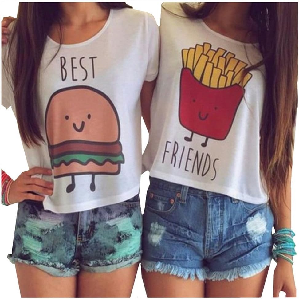 MOLFROA 2-Pack Women's Casual Cute Cartoon Best Friend Printed Crop Tops Funny Tops Tees