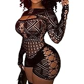 ST.Manrdy Sexy Fishnet Bodysuit for Women - Hollow Out Long Sleeve Jumpsuit | Club Wear, Party Outfits, Bodystocking(Black)