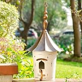 Glitzhome 29.75&rdquo;H Metal Hanging Birdhouse for Outdoors Oversized Farmhouse Pagoda Painted Bird House with Bronze Roof for Bluebird Wren Chickadee Sparrow Bird Nest Box for Garden Patio, Washed White