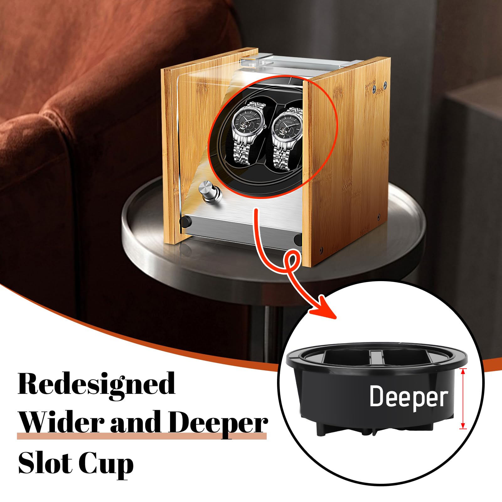 Watch Winder Smith Real Bamboo Double Watch Winders for Automatic Watches, Precision Engineered Quiet 4 Modes Rotation and Dual Power Flexibility​ AC/DC