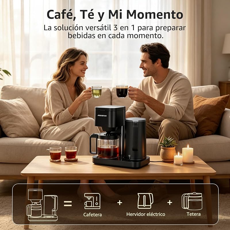 Cafetera de Goteo 3‑en‑1, 1600W, 1.3L/8 Tazas,Temp. 60‑100°C, Panel Táctil LED, 2 Filtros,Negro