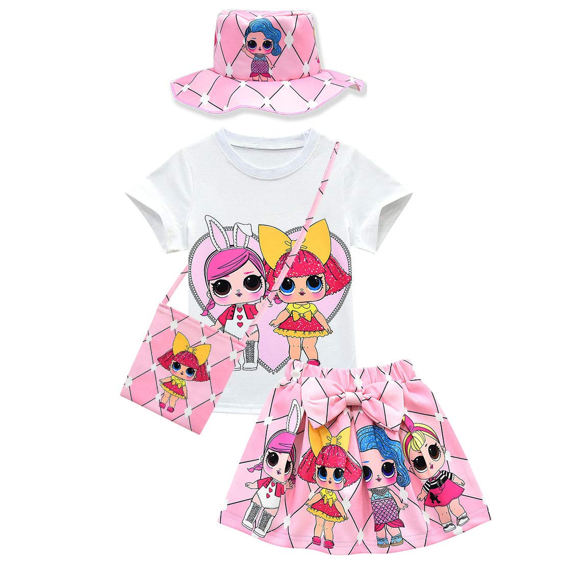 Dgfstm Baby Girls Summer Cute Bow Skirt + T-Shirt + Bag + Hat 4pcs Clothes Set