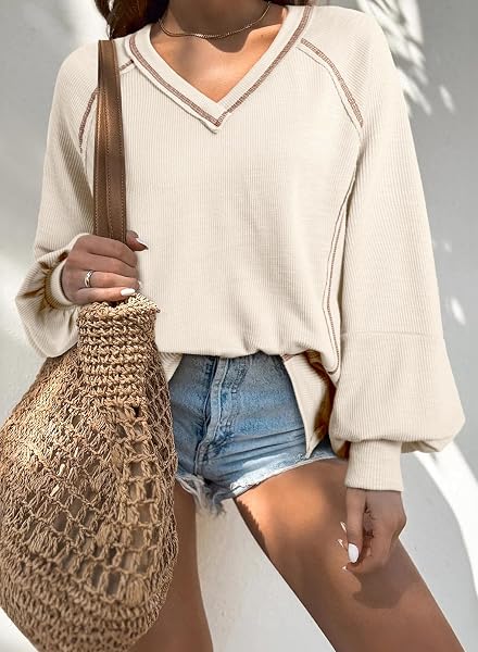 ACELITT WOMEN CASUAL FALL LONG LANTERN SLEEVE V NECK LIGHTWEIGHT LOOSE FASHION 2024 TSHIRTS BLOUSE TOPS SHIRTS PULLOVER BEIGE MEDIUM