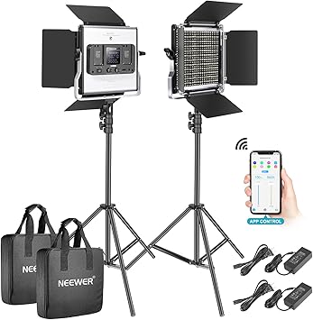 neewer 2 packs 528 led video light metal dimmable bi color 3200k 5600k photography lighting kit with app intelligent control system lcd screen and