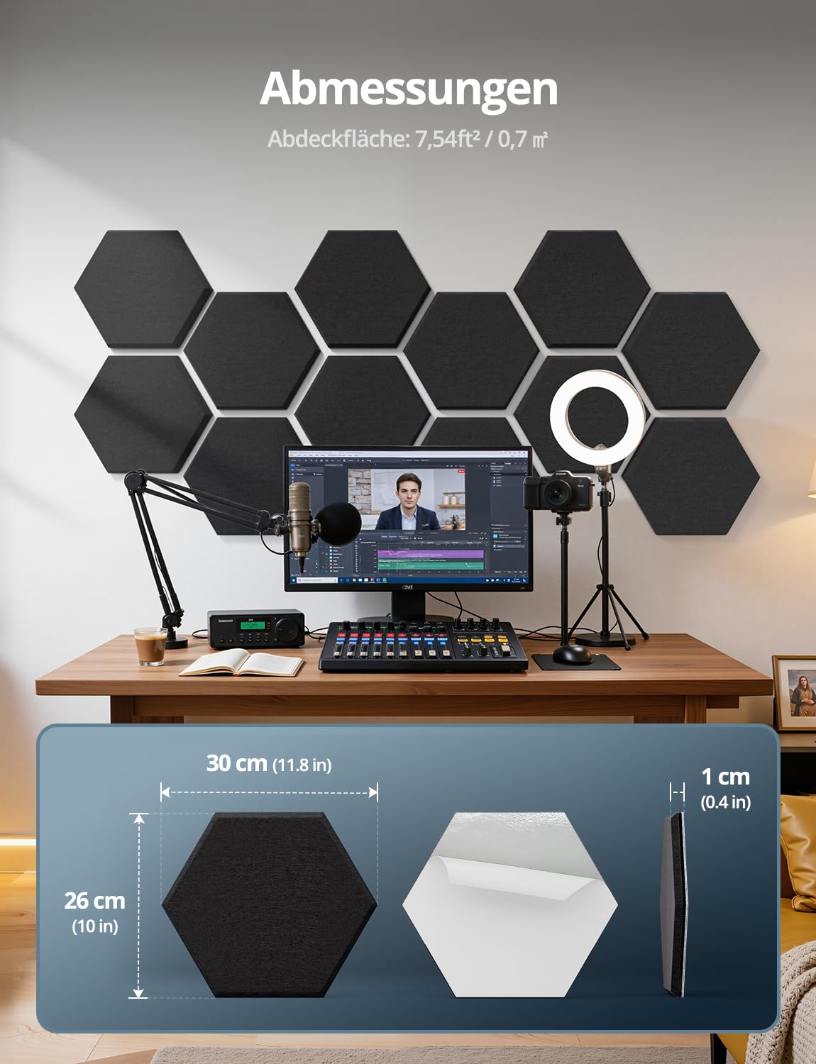 Kuchoow Hexagon Schallschutzplatten selbstklebend Schallschutz Schalldämmung Wand, 12 Stück 2-in-1 Akustikplatten mit Laermschutz MLV für Zimmer, Büro, Nachbarn, Tür, Decke, 30x26x1 cm, Schwarz 9