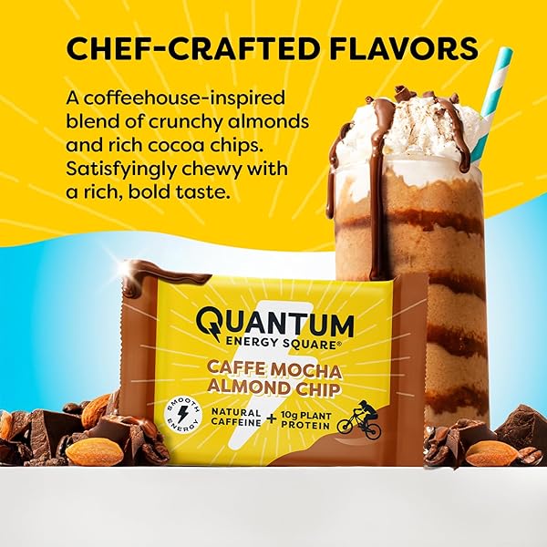 QUANTUM ENERGY SQUARE: ENERGY BAR WITH CAFFEINE & 10G PROTEIN. DELICIOUS HEALTHY SNACK ON THE GO. (VEGAN, GLUTEN-FREE, SOY-FREE, DAIRY-FREE) (CAFFE MOCHA ALMOND CHIP)