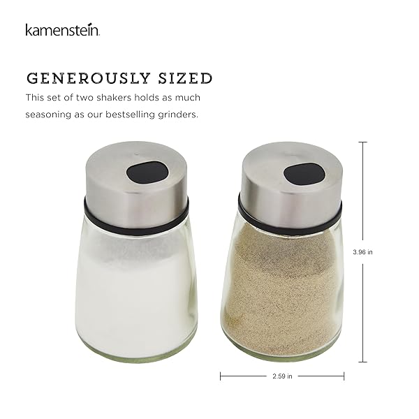 KAMENSTEIN SALT AND PEPPER FILLED GLASS SHAKERS WITH ROTATING SHIFTERS. FEATURES SWIVEL TOP WITH 4 SETTINGS- LIGHT SEASONING, HEAVY SEASONING, POUR, CLOSE, SET OF 2