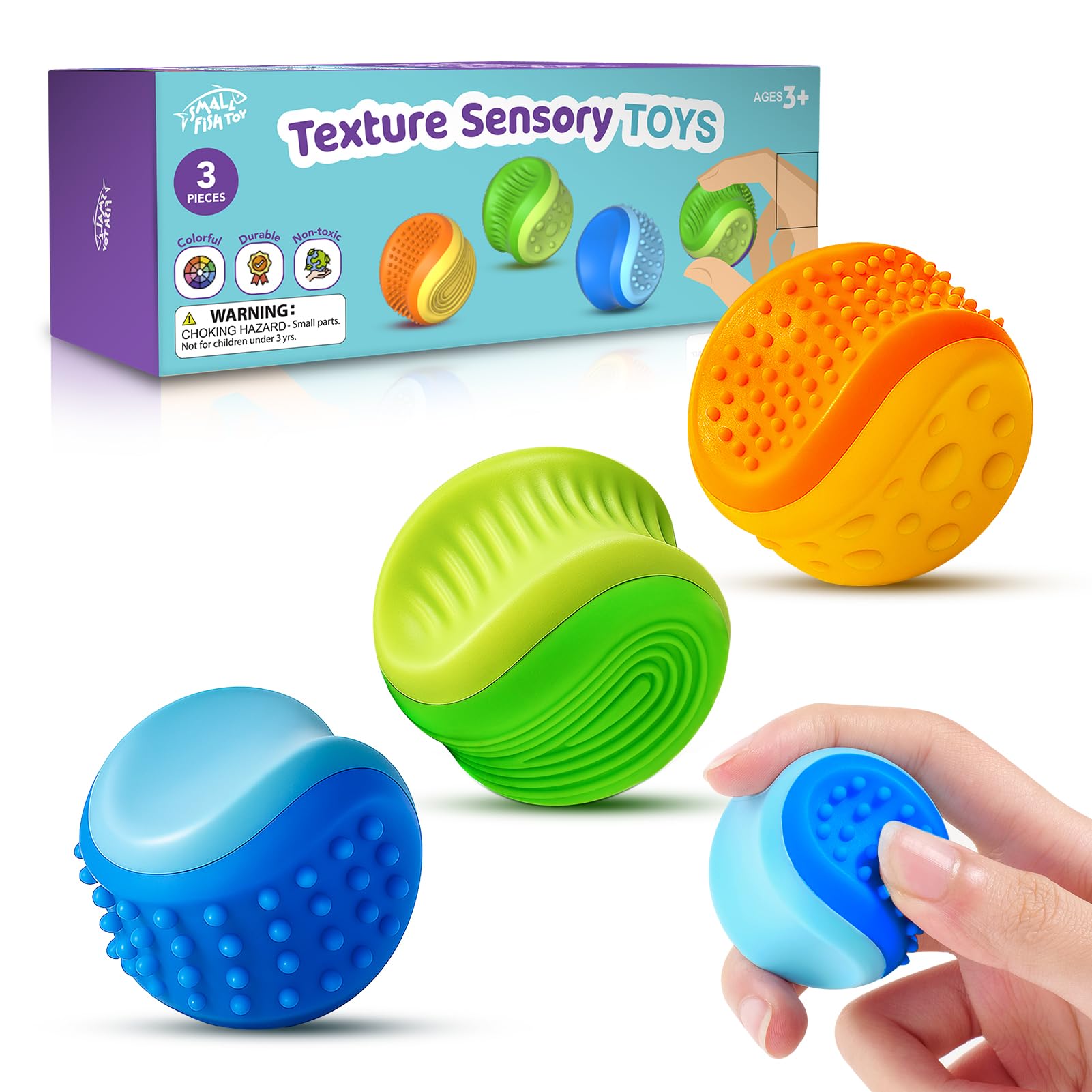 Fidget Toys Stress Ball for Kids Adult: 3 Pack Double Sided Textured Sensory Toys for Autism Kids Calming - Quiet Stress Fidget Ball for Student Classroom, Adult Office - Easter Basket for Kid