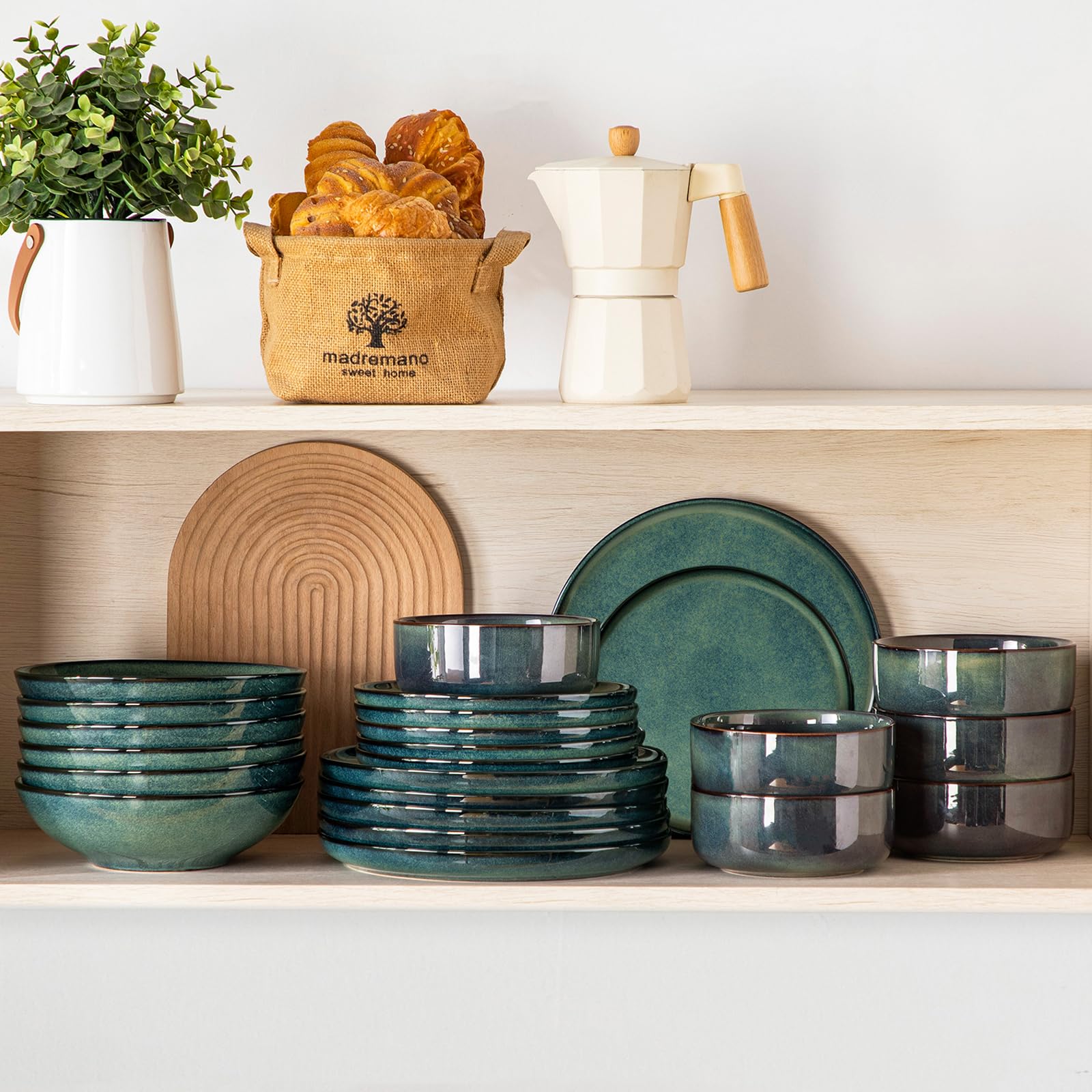 Geschirrset 6 Personen modern, vancasso STARRY 24-teiliges Steingut Geschirr Set, Kombiservice Set Grün, Tafelservice 6 Personen, Inklusive Speiseteller, Dessertteller, Suppenteller und Müslischalen 8