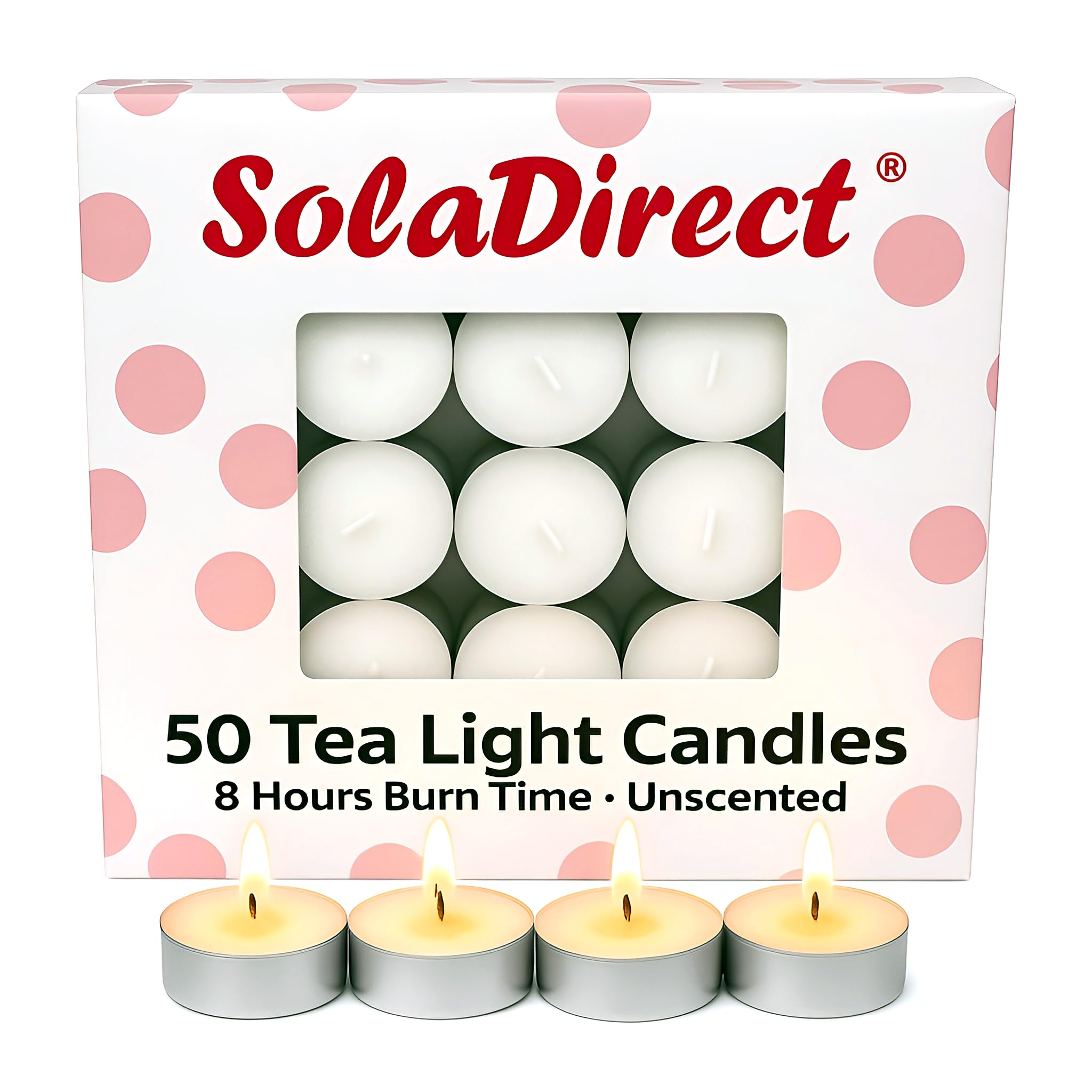 8 Hour Tealights Pack of 50 - Long Burn White Unscented Smokeless Tea Light Candles 38 mm x 25 mm - Bulk Wedding Party Catering Home Table Decor - Clean-Burning Wax - Indoor Outdoor Use
